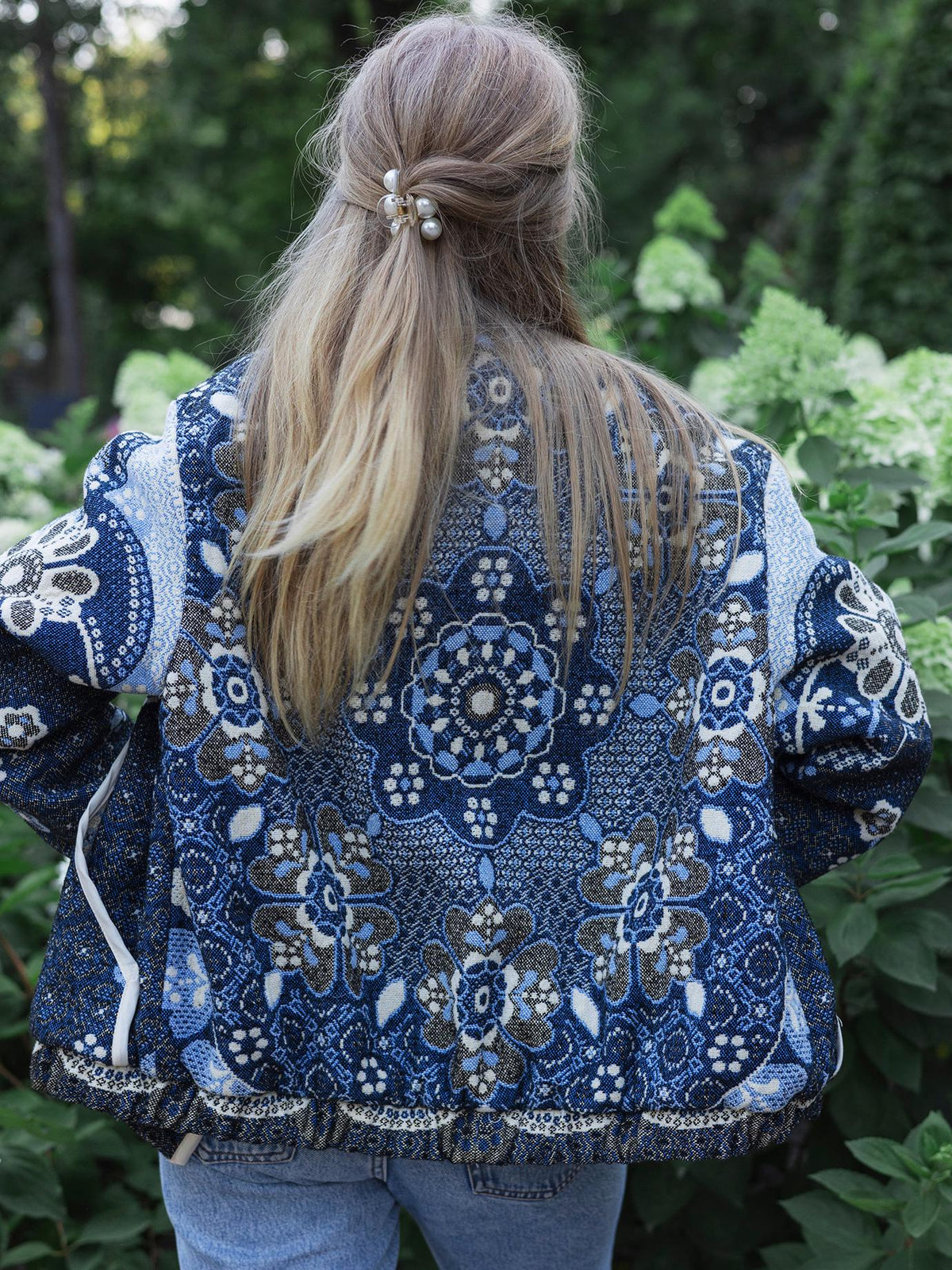 One-of-a-Kind Handmade Jacket from Vintage Tapestry Blanket - Upcycled Boho Chic - Blue Floral Retro Bomber