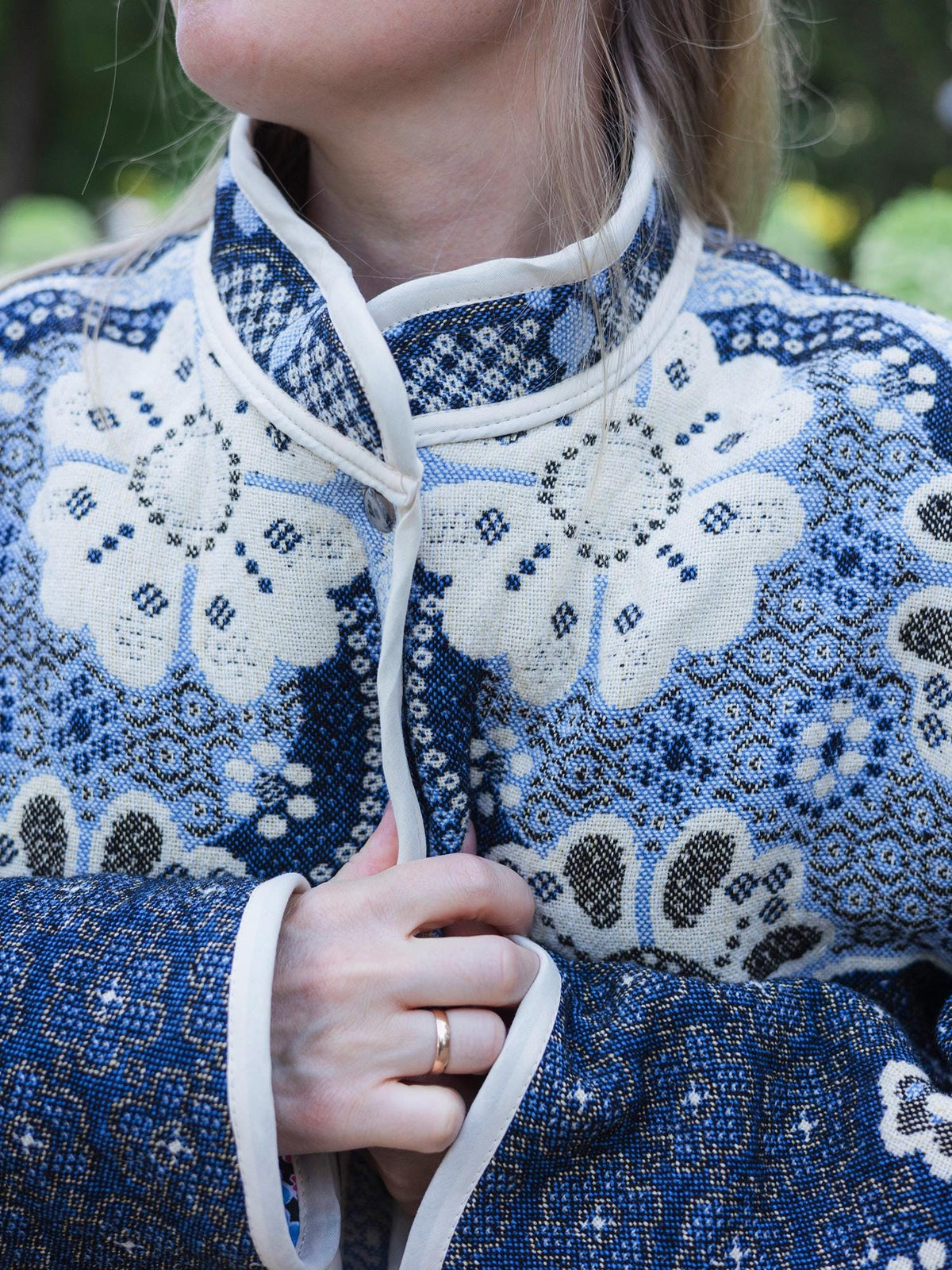 One-of-a-Kind Handmade Jacket from Vintage Tapestry Blanket - Upcycled Boho Chic - Blue Floral Retro Bomber