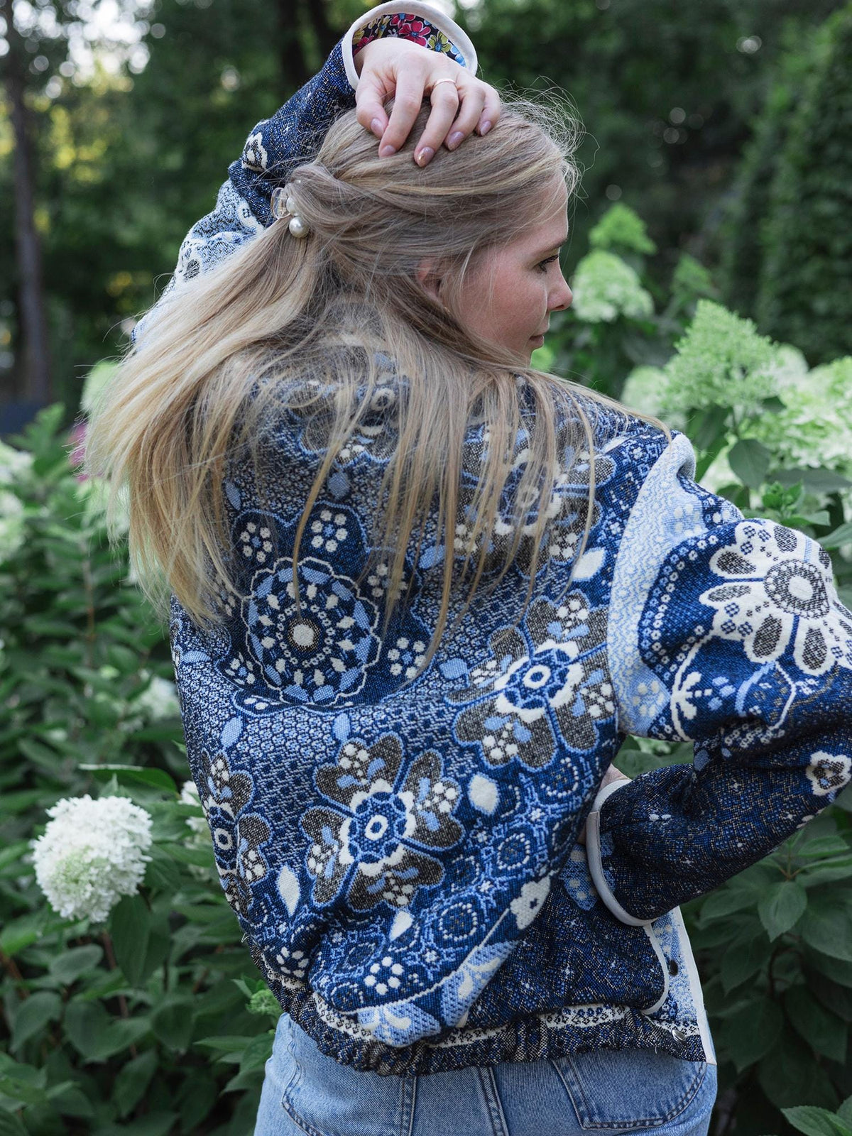 One-of-a-Kind Handmade Jacket from Vintage Tapestry Blanket - Upcycled Boho Chic - Blue Floral Retro Bomber