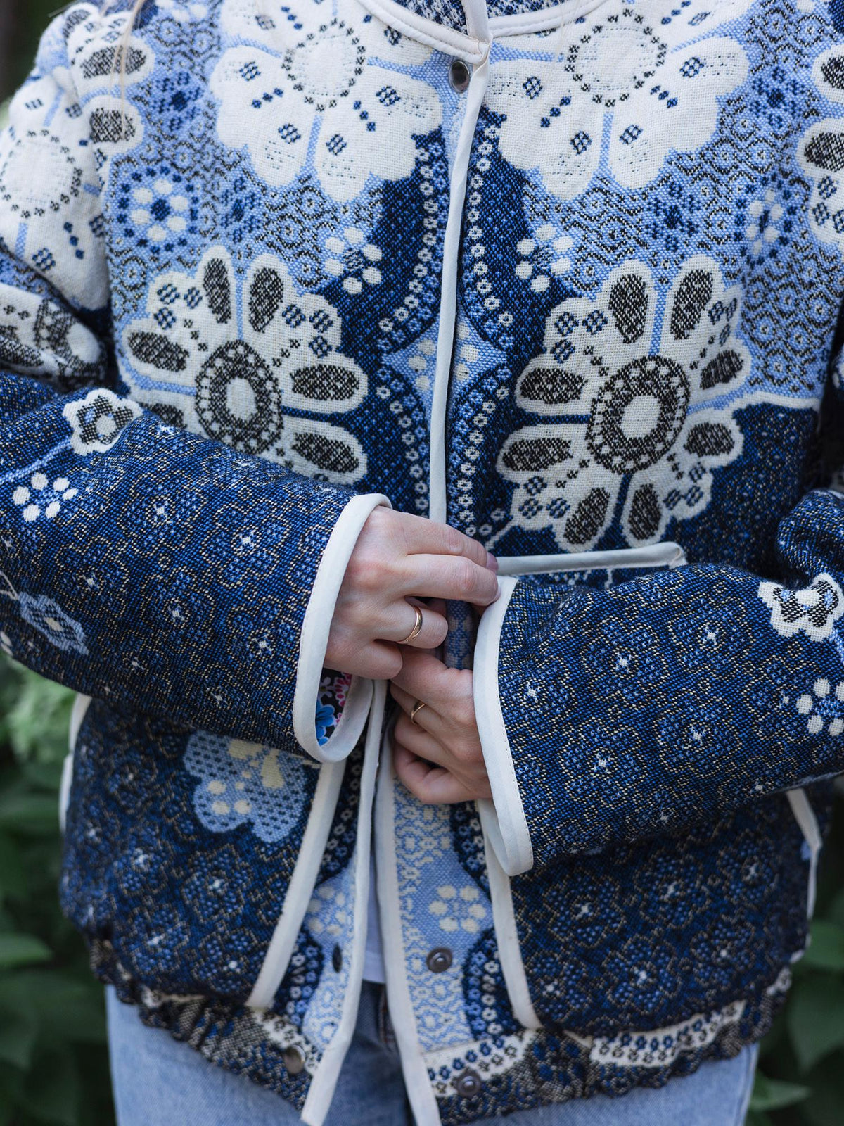 One-of-a-Kind Handmade Jacket from Vintage Tapestry Blanket - Upcycled Boho Chic - Blue Floral Retro Bomber