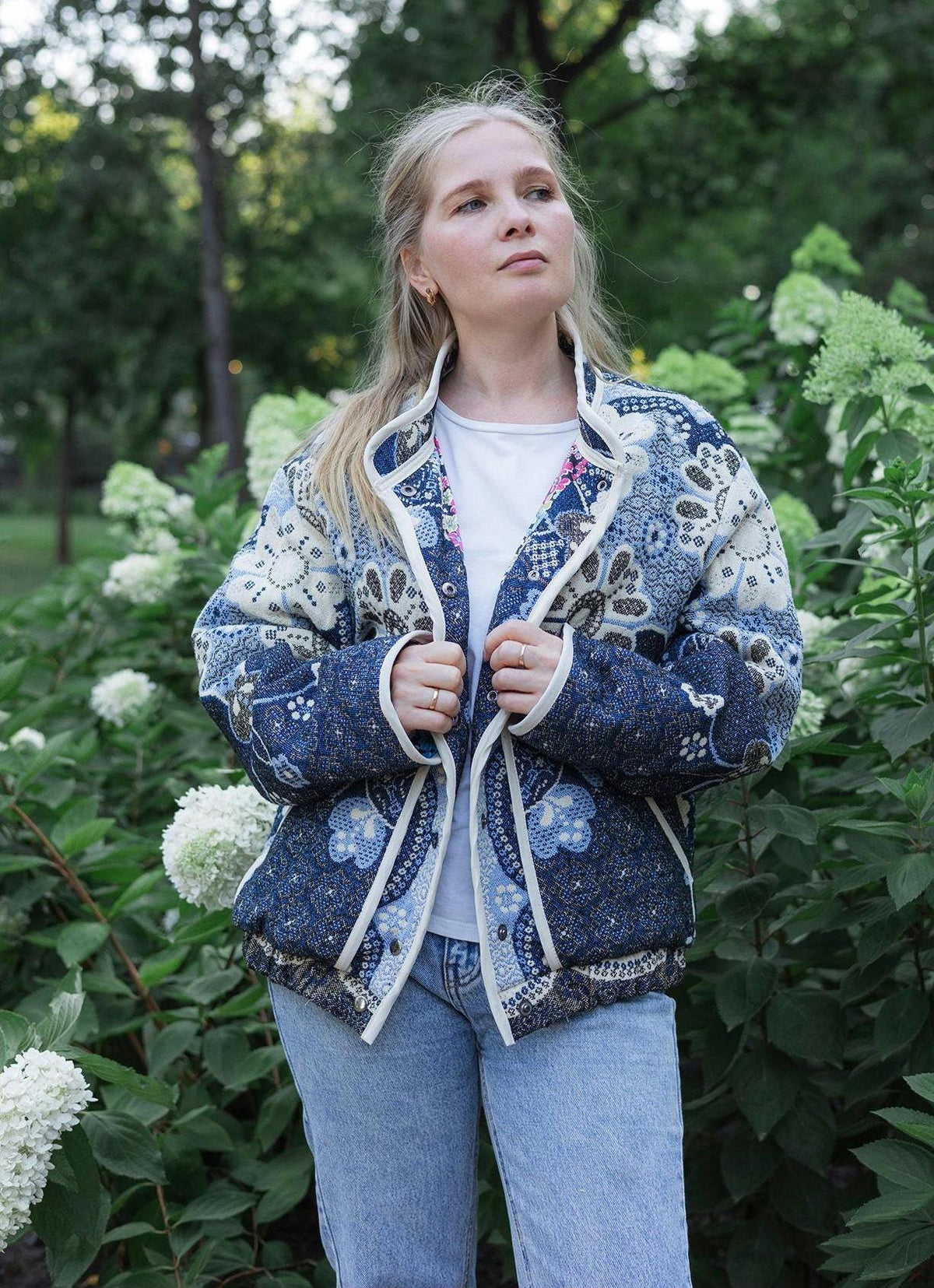 One-of-a-Kind Handmade Jacket from Vintage Tapestry Blanket - Upcycled Boho Chic - Blue Floral Retro Bomber