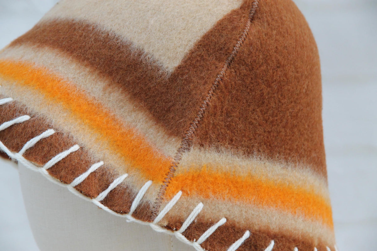 Handmade Upcycled Wool Sauna Hat – Striped Banya Spa Accessory (Brown, Beige, Orange)