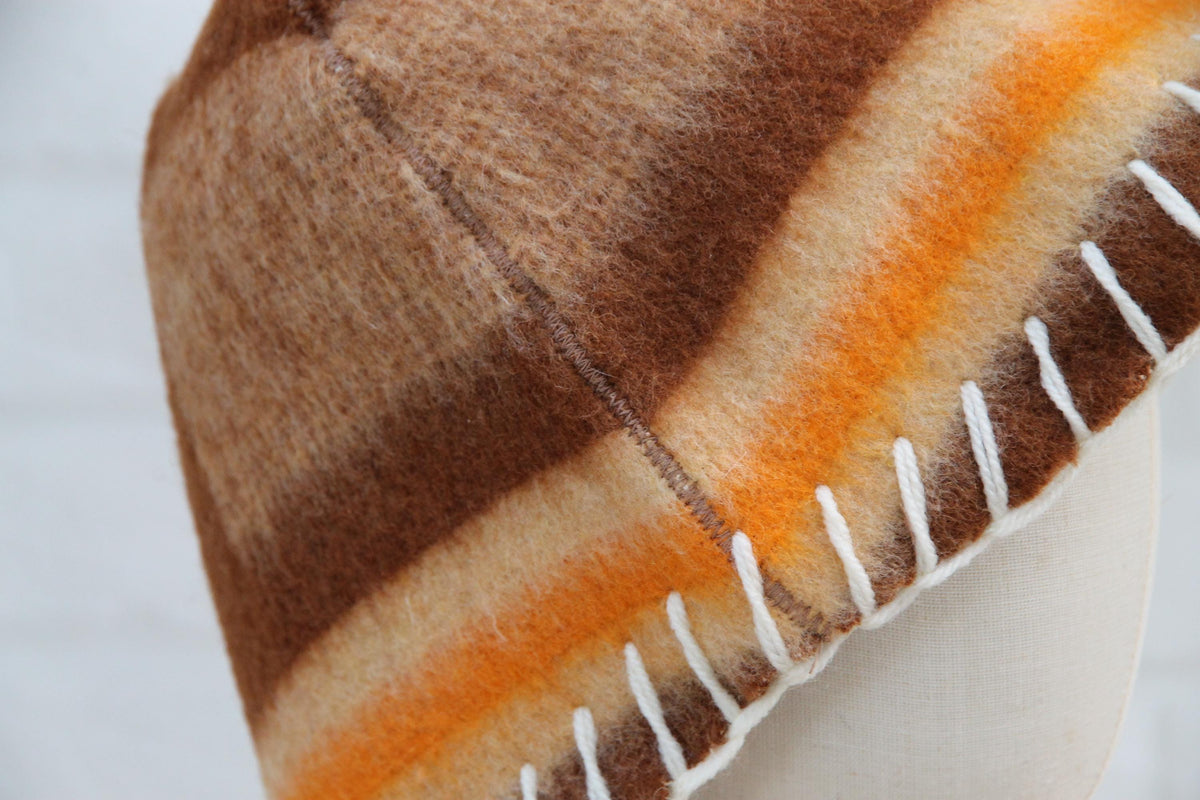 Handmade Upcycled Wool Sauna Hat – Striped Banya Spa Accessory (Brown, Beige, Orange)