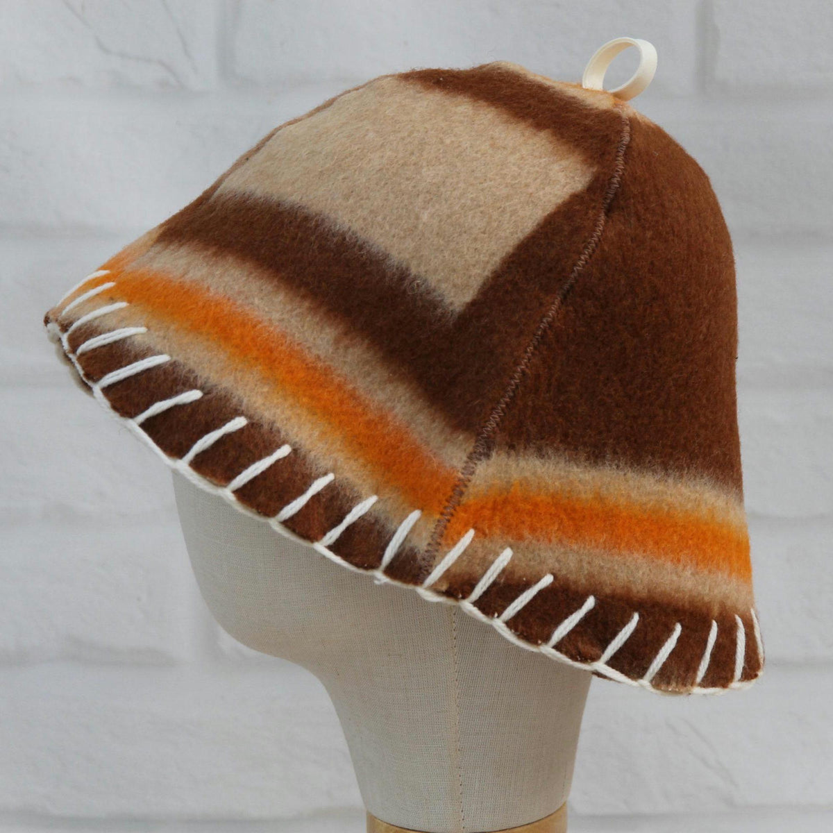 Handmade Upcycled Wool Sauna Hat – Striped Banya Spa Accessory (Brown, Beige, Orange)