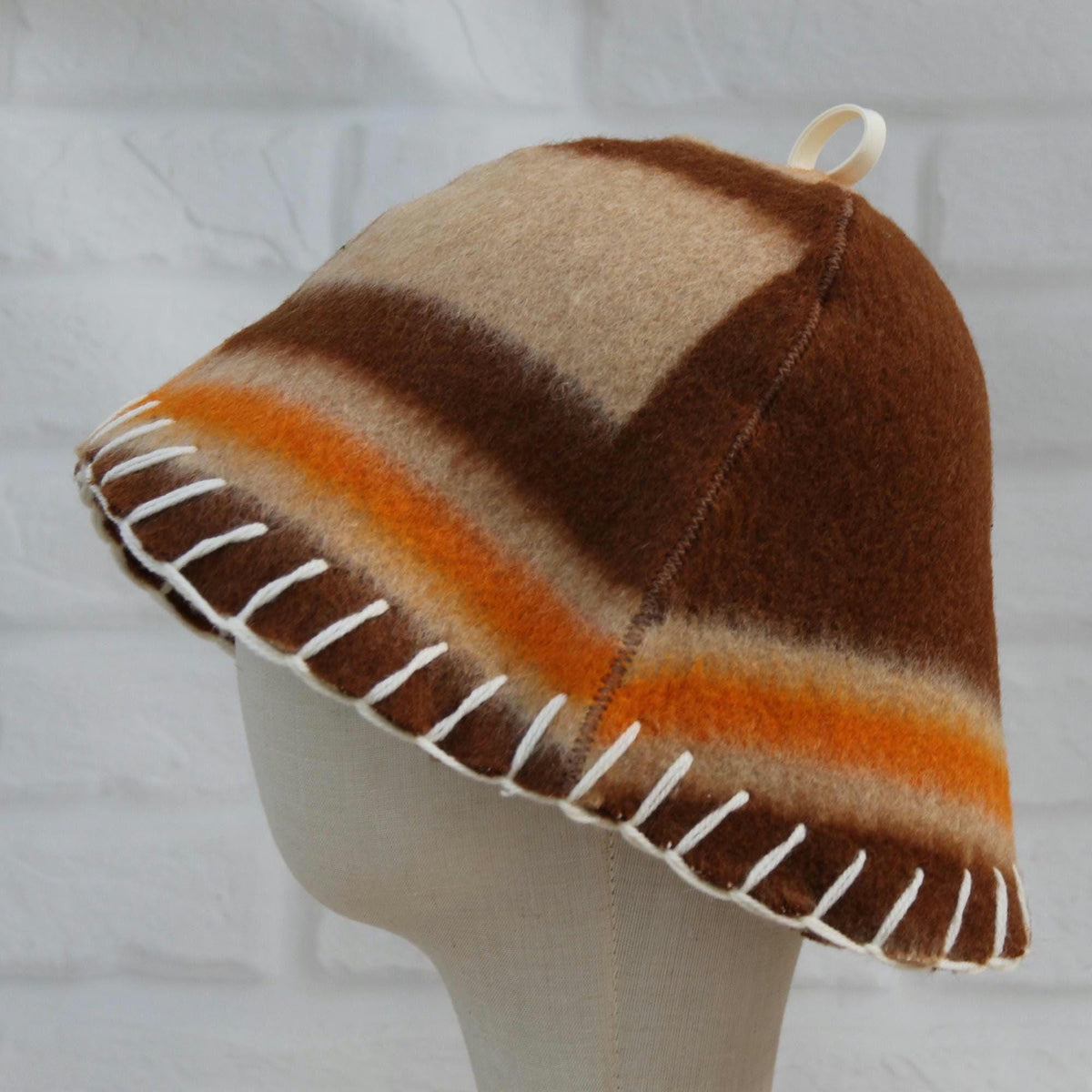 Handmade Upcycled Wool Sauna Hat – Striped Banya Spa Accessory (Brown, Beige, Orange)