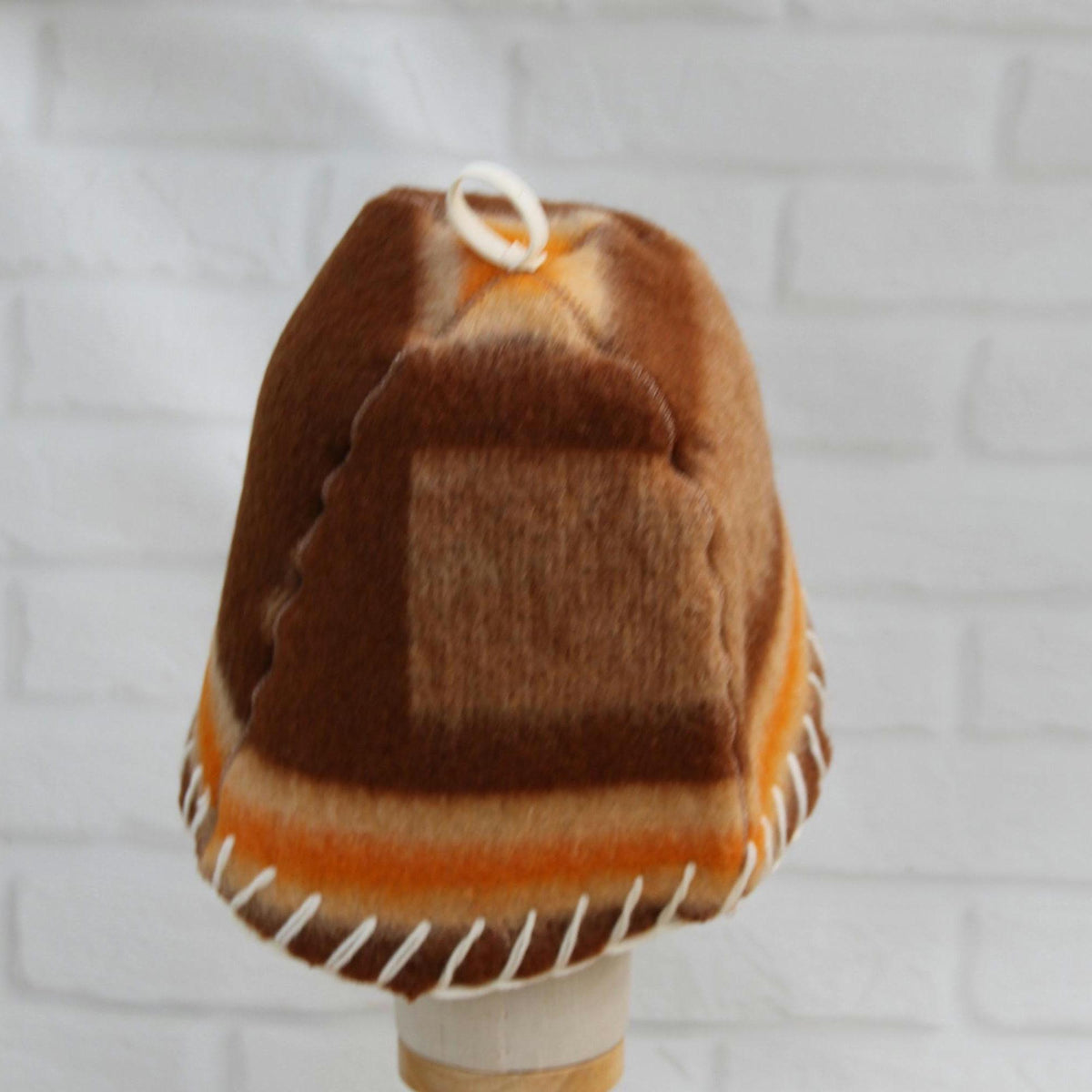 Handmade Upcycled Wool Sauna Hat – Striped Banya Spa Accessory (Brown, Beige, Orange)