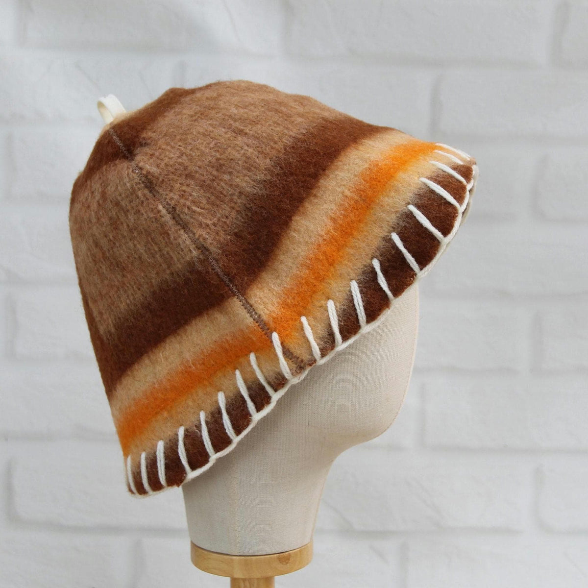 Handmade Upcycled Wool Sauna Hat – Striped Banya Spa Accessory (Brown, Beige, Orange)