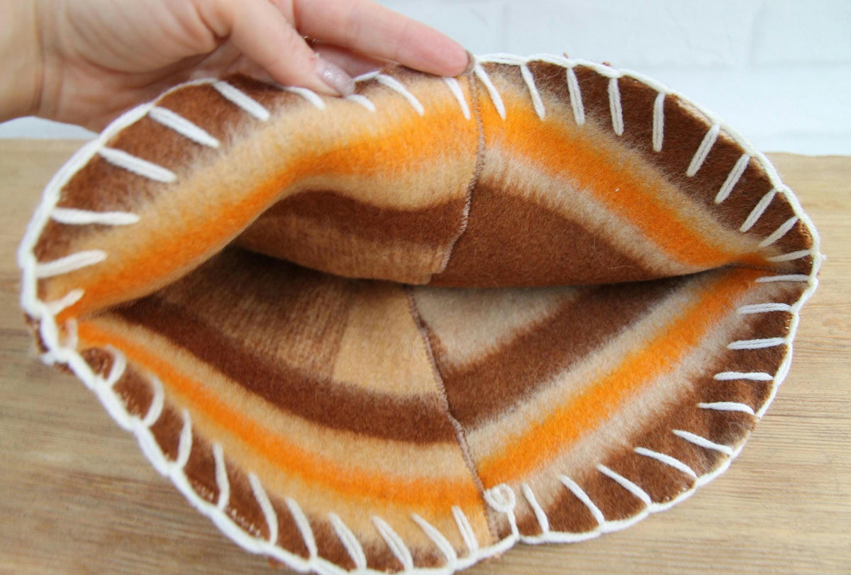 Handmade Upcycled Wool Sauna Hat – Striped Banya Spa Accessory (Brown, Beige, Orange)