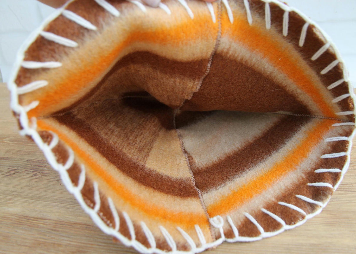 Handmade Upcycled Wool Sauna Hat – Striped Banya Spa Accessory (Brown, Beige, Orange)