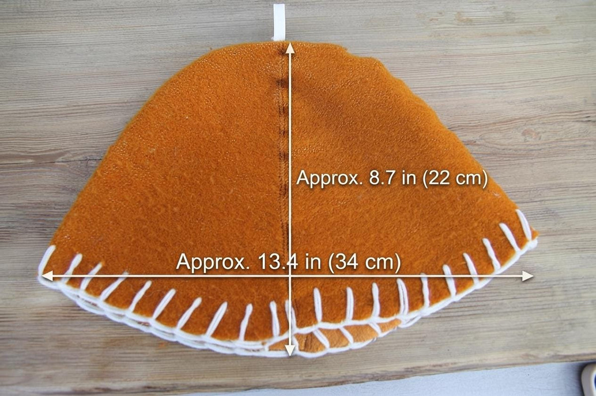 Handmade Upcycled Wool Sauna Hat – Mustard Orange, White Stitch Banya Accessory
