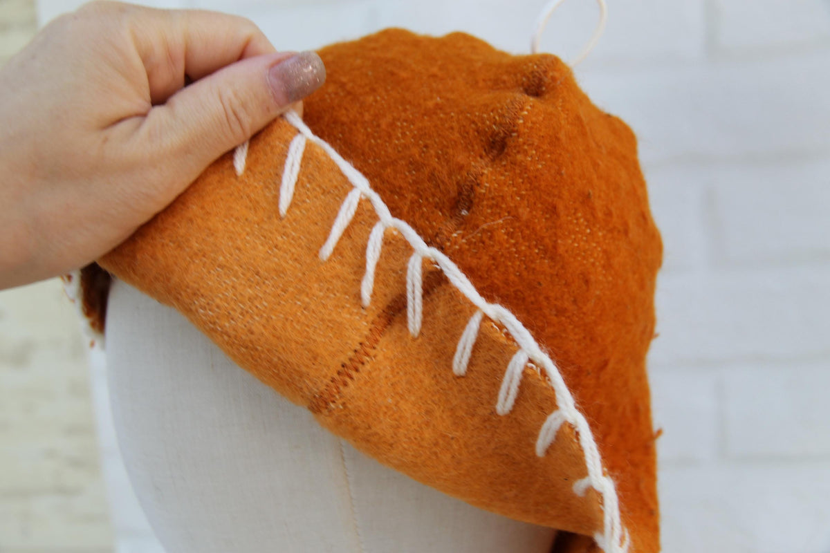 Handmade Upcycled Wool Sauna Hat – Mustard Orange, White Stitch Banya Accessory