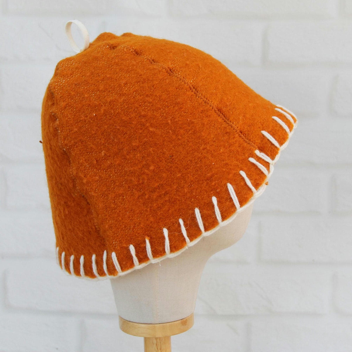 Handmade Upcycled Wool Sauna Hat – Mustard Orange, White Stitch Banya Accessory
