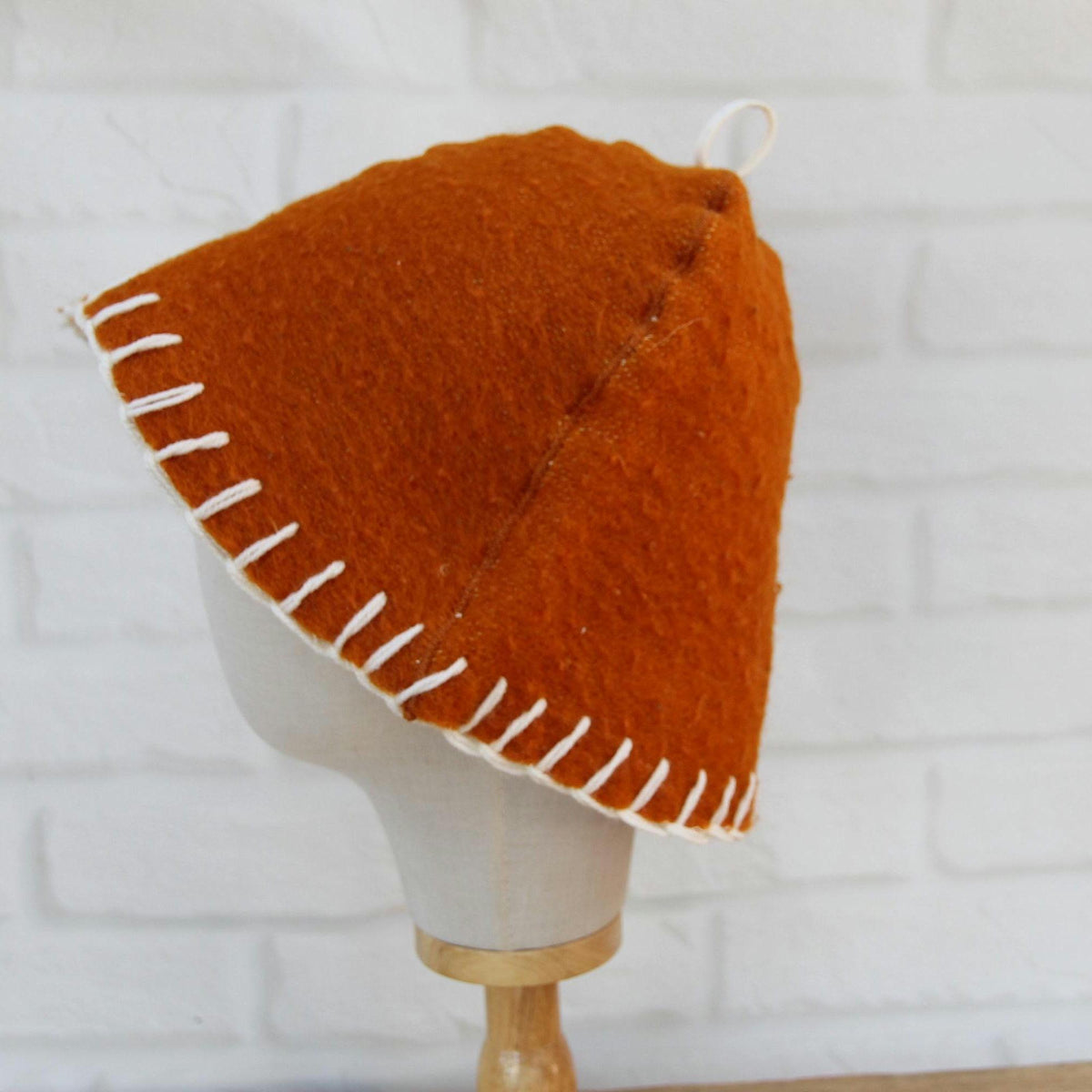 Handmade Upcycled Wool Sauna Hat – Mustard Orange, White Stitch Banya Accessory
