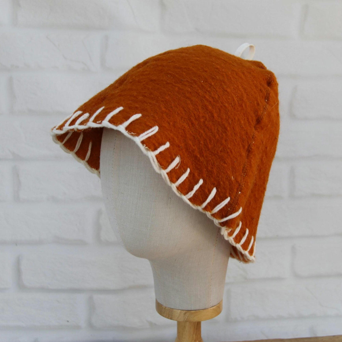 Handmade Upcycled Wool Sauna Hat – Mustard Orange, White Stitch Banya Accessory