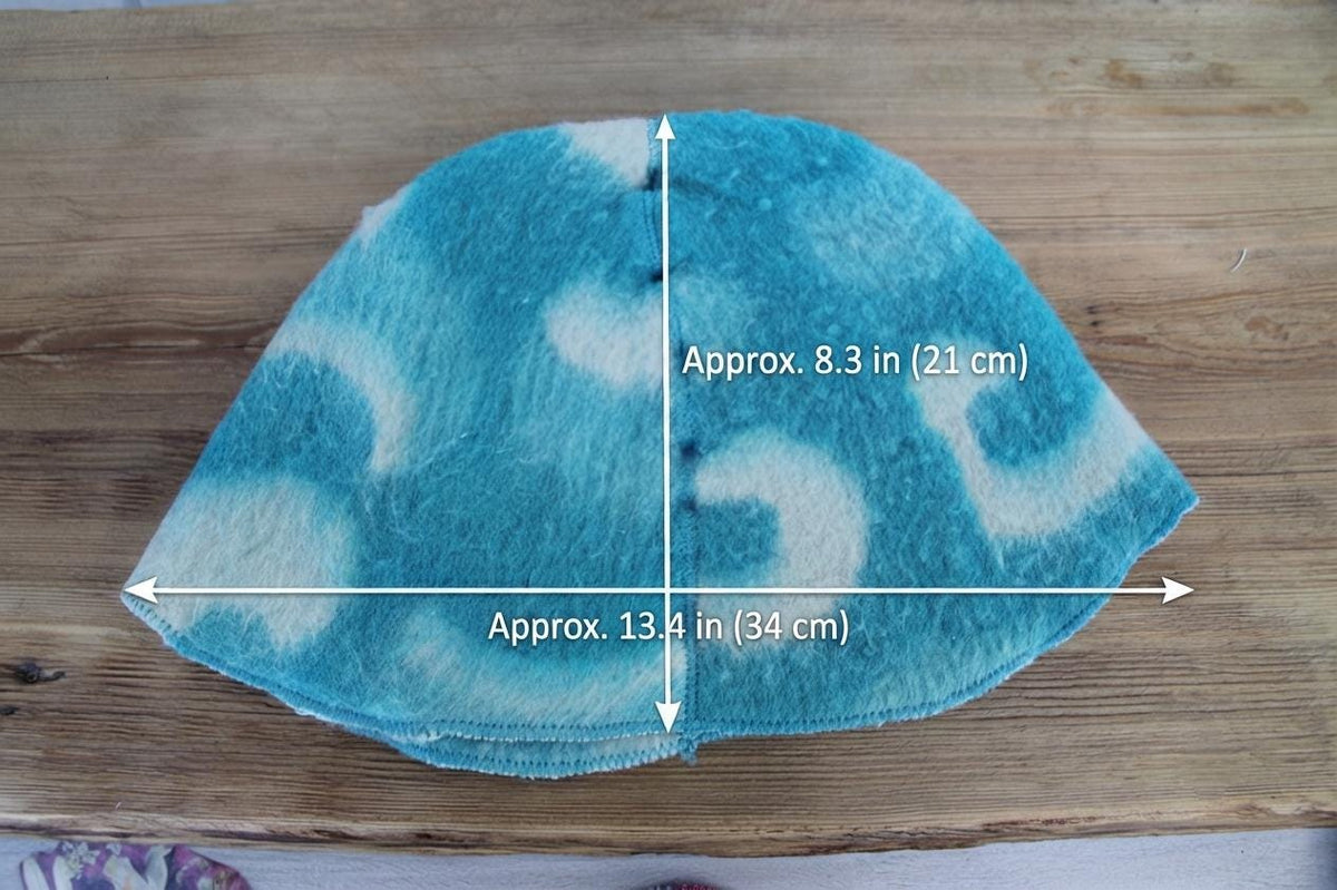 Handmade Upcycled Wool Sauna Hat – Turquoise Blue Abstract Cloud Pattern (Eco-Friendly Spa Accessory)