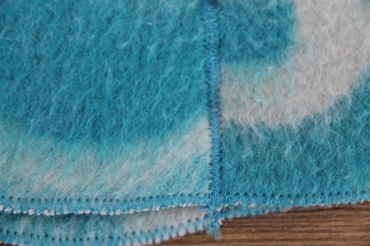 Handmade Upcycled Wool Sauna Hat – Turquoise Blue Abstract Cloud Pattern (Eco-Friendly Spa Accessory)