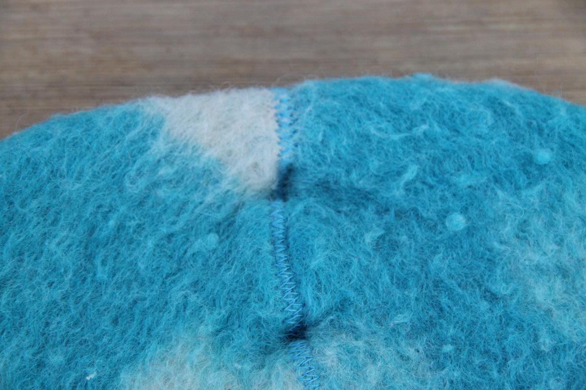 Handmade Upcycled Wool Sauna Hat – Turquoise Blue Abstract Cloud Pattern (Eco-Friendly Spa Accessory)