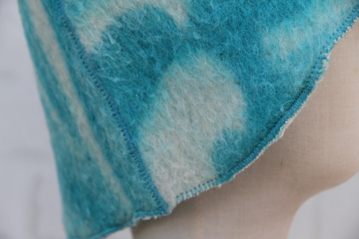 Handmade Upcycled Wool Sauna Hat – Turquoise Blue Abstract Cloud Pattern (Eco-Friendly Spa Accessory)