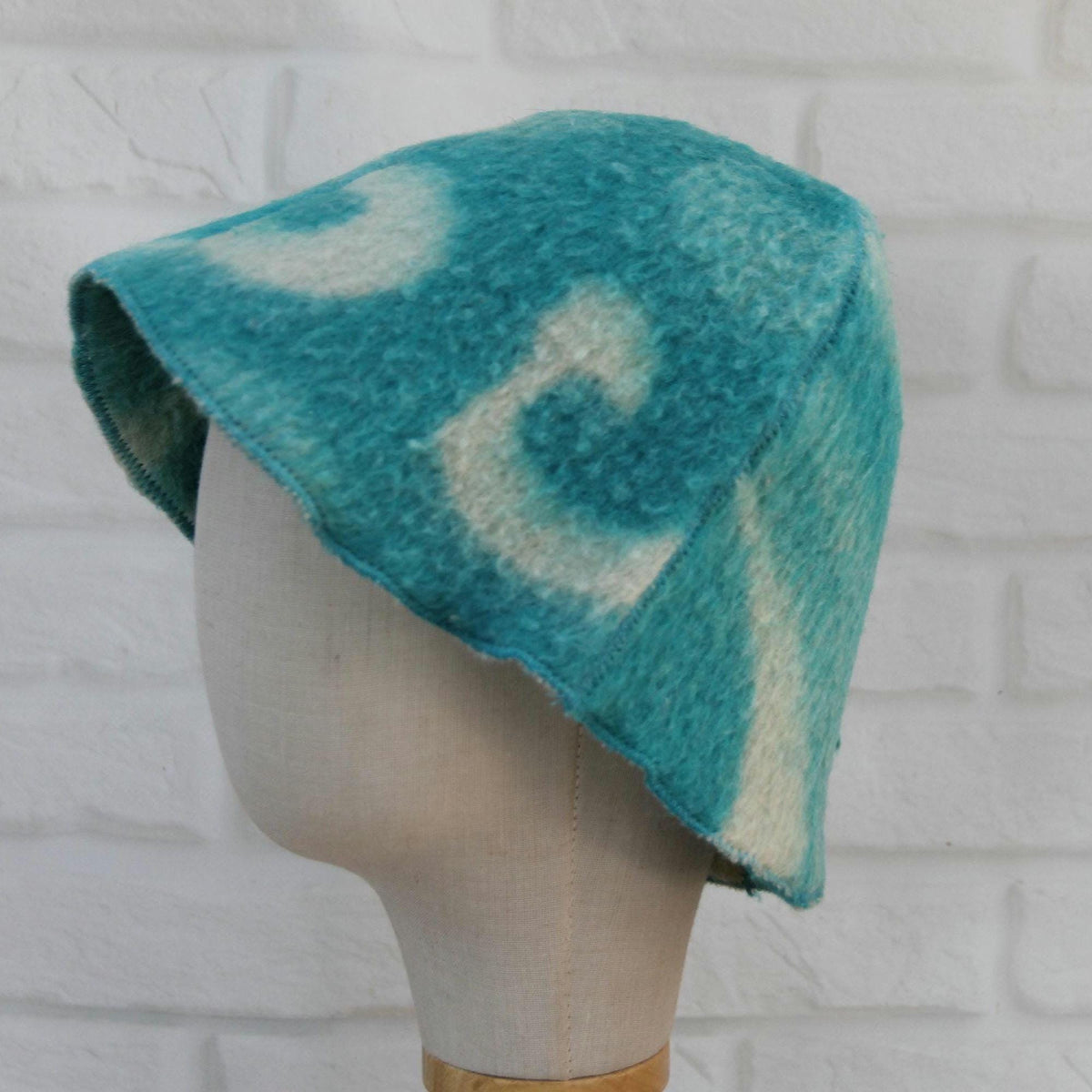 Handmade Upcycled Wool Sauna Hat – Turquoise Blue Abstract Cloud Pattern (Eco-Friendly Spa Accessory)