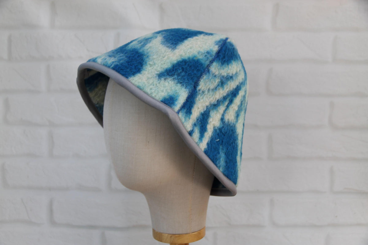 Handmade Upcycled Wool Sauna Hat – Blue White Abstract Banya Spa Accessory