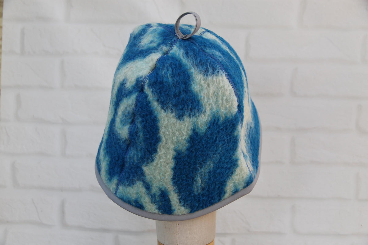 Handmade Upcycled Wool Sauna Hat – Blue White Abstract Banya Spa Accessory