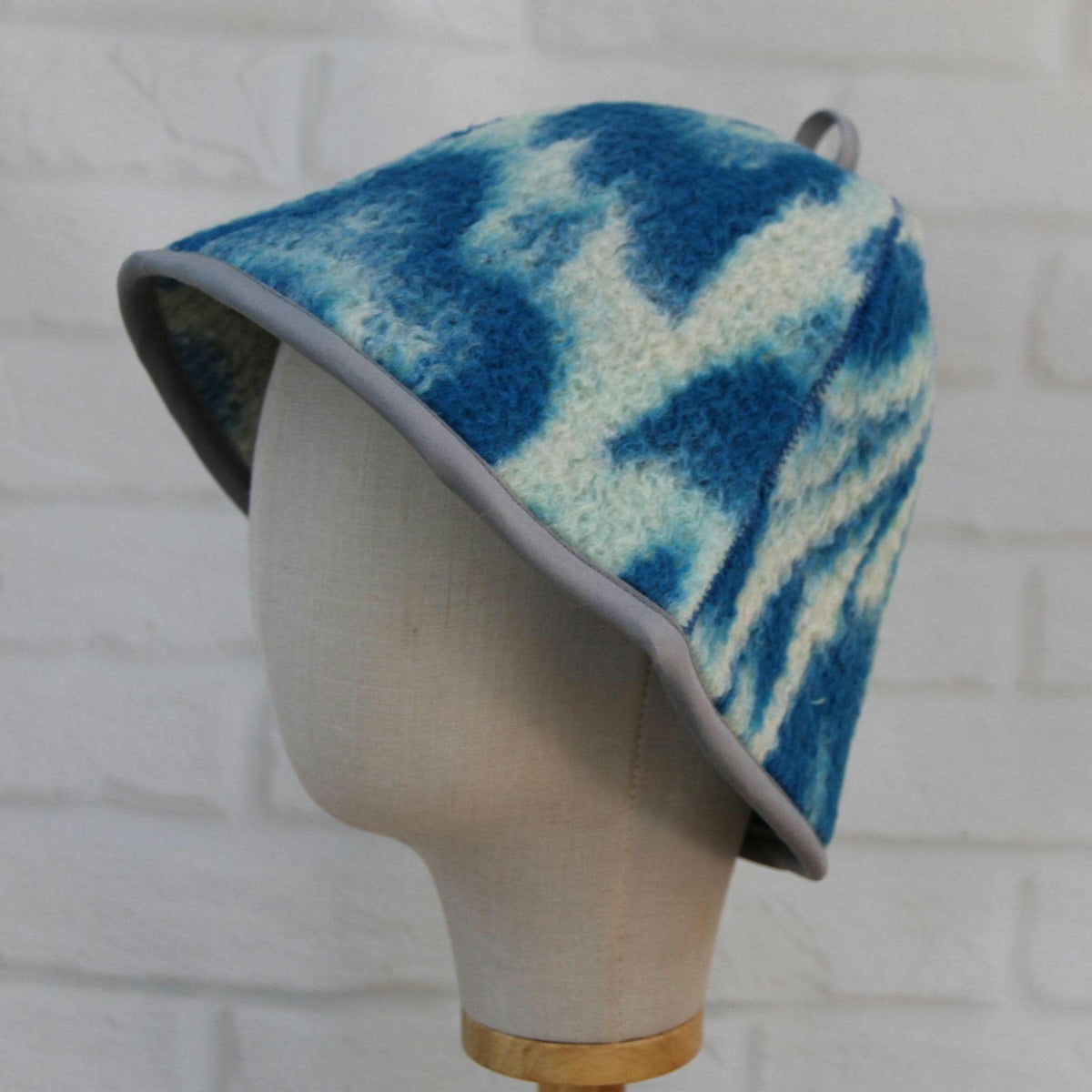 Handmade Upcycled Wool Sauna Hat – Blue White Abstract Banya Spa Accessory