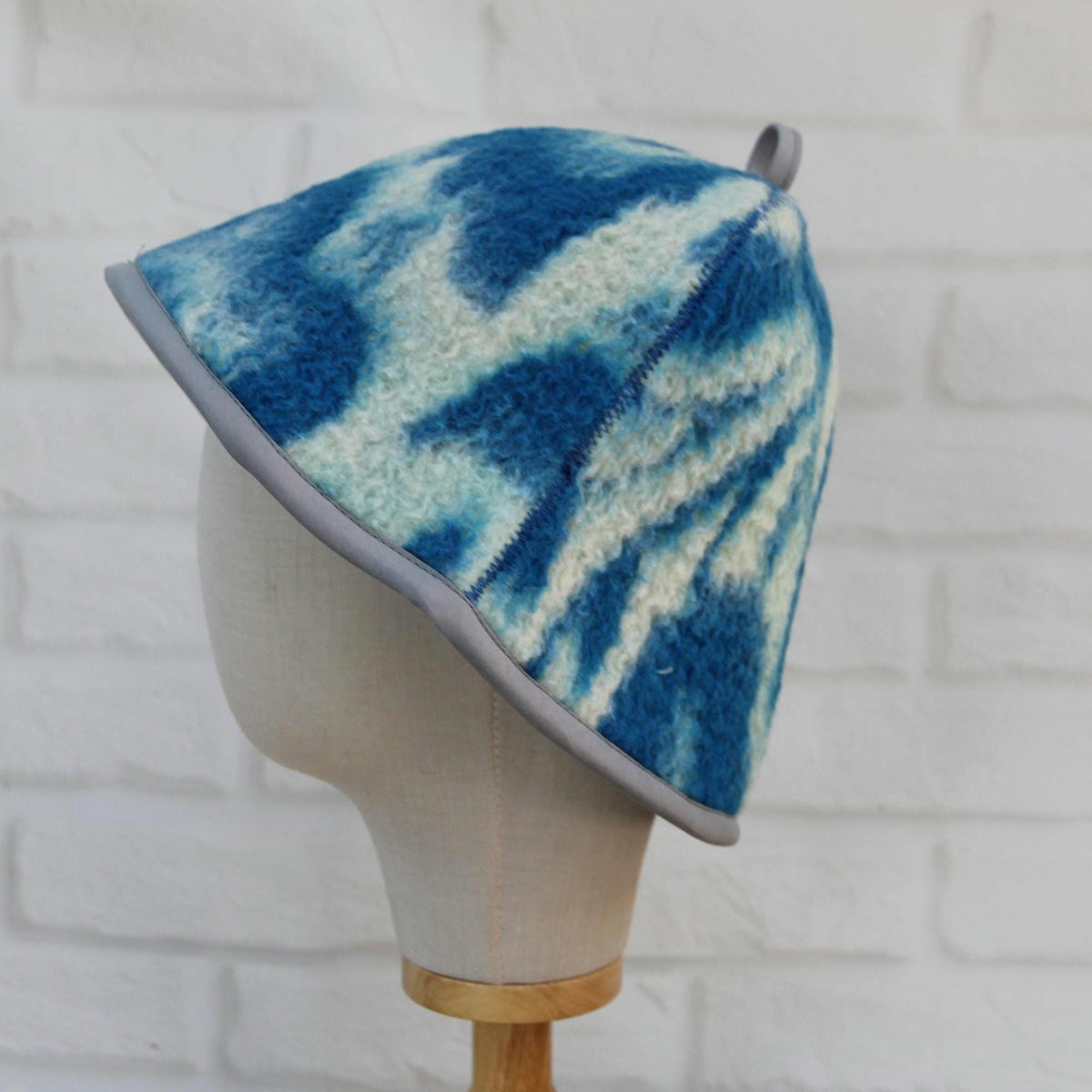 Handmade Upcycled Wool Sauna Hat – Blue White Abstract Banya Spa Accessory