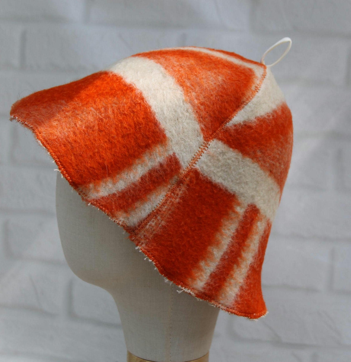Reversible Vintage Wool Sauna Hat, Handmade Bucket Hat, Upcycled Blanket Hat, red Checkered Hat.