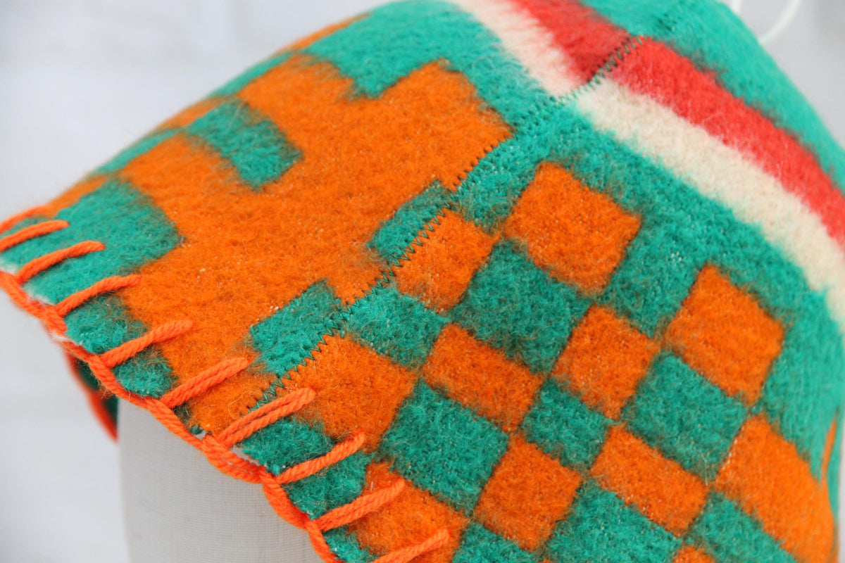 Upcycled Wool Sauna Hat, Geometric Banya Cap, Green Orange Steam Headwear