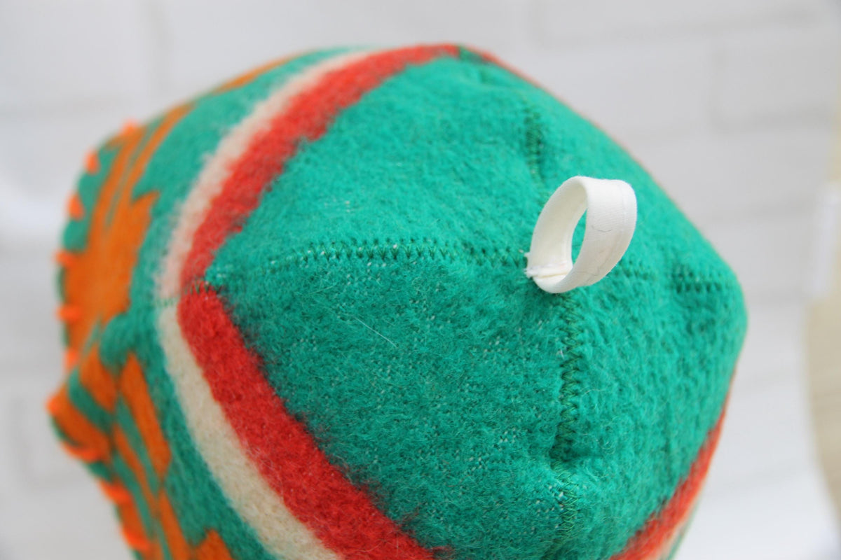 Upcycled Wool Sauna Hat, Geometric Banya Cap, Green Orange Steam Headwear