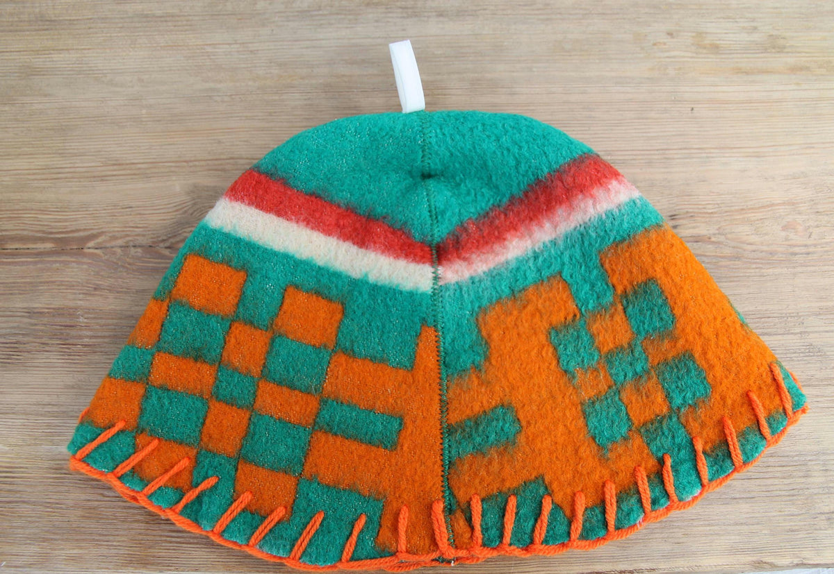Upcycled Wool Sauna Hat, Geometric Banya Cap, Green Orange Steam Headwear