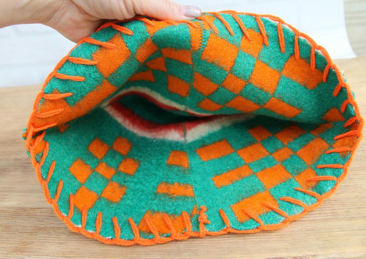 Upcycled Wool Sauna Hat, Geometric Banya Cap, Green Orange Steam Headwear