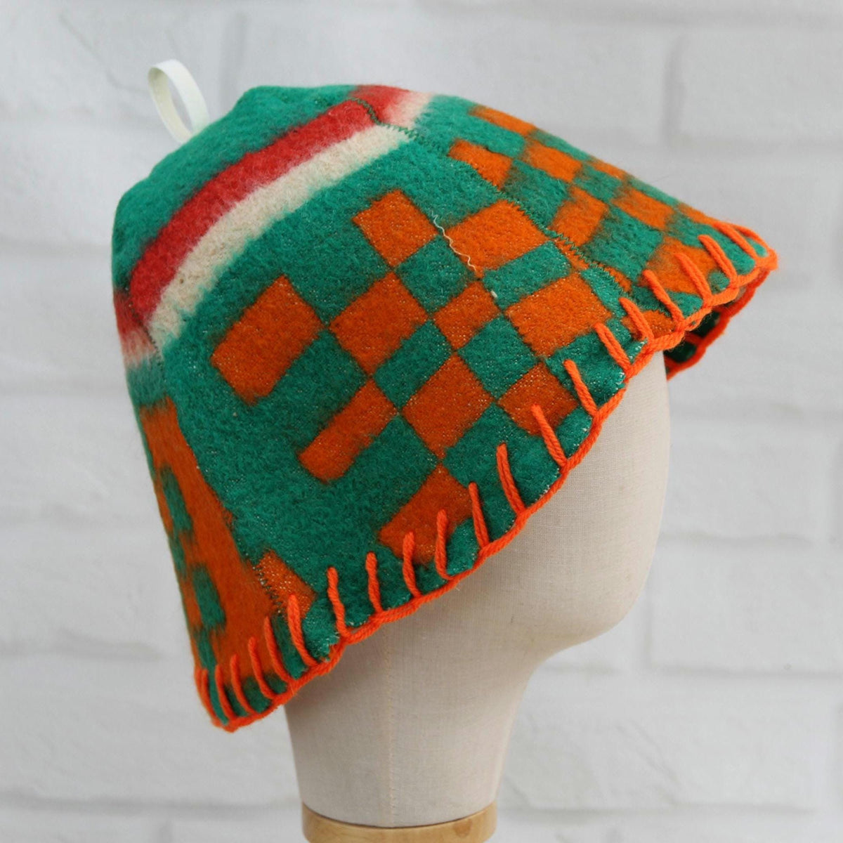 Upcycled Wool Sauna Hat, Geometric Banya Cap, Green Orange Steam Headwear