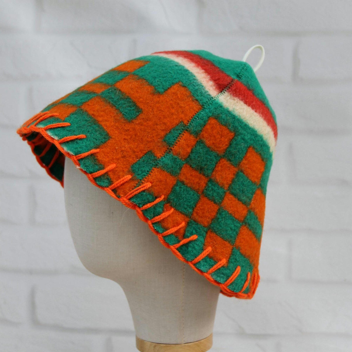 Upcycled Wool Sauna Hat, Geometric Banya Cap, Green Orange Steam Headwear
