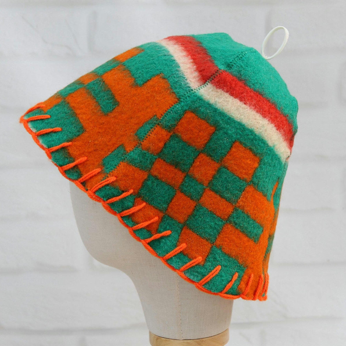 Upcycled Wool Sauna Hat, Geometric Banya Cap, Green Orange Steam Headwear