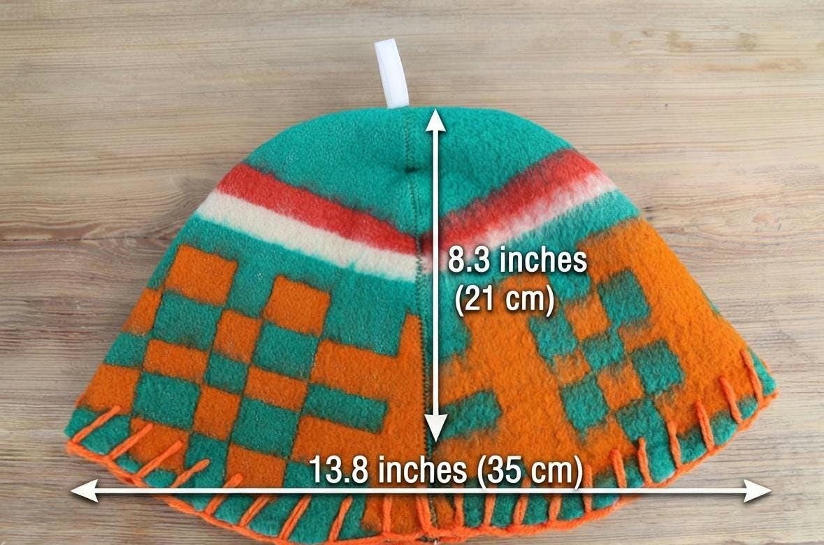 Upcycled Wool Sauna Hat, Geometric Banya Cap, Green Orange Steam Headwear