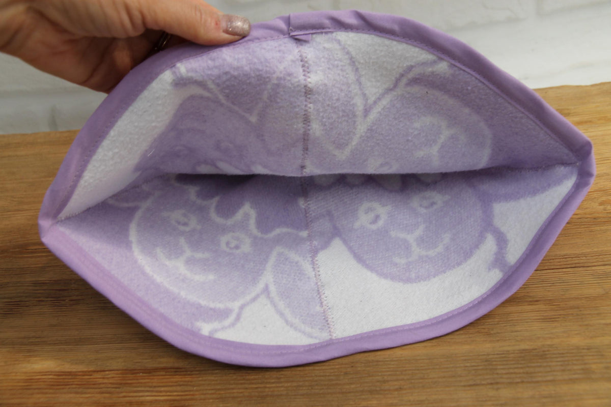 Lavender Sheep Print Wool Sauna Hat, Felted Banya Cap, Upcycled Blanket Protection
