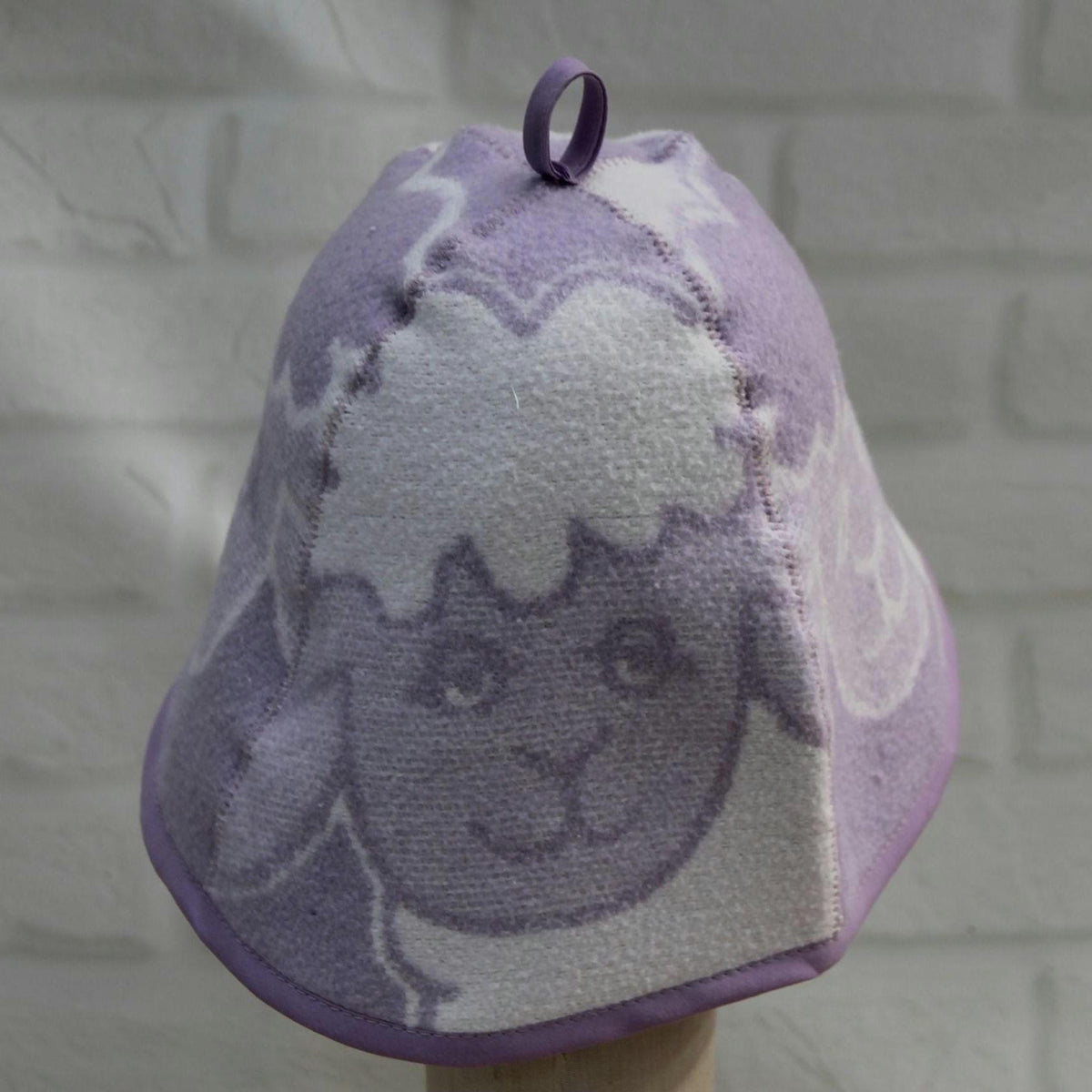 Lavender Sheep Print Wool Sauna Hat, Felted Banya Cap, Upcycled Blanket Protection