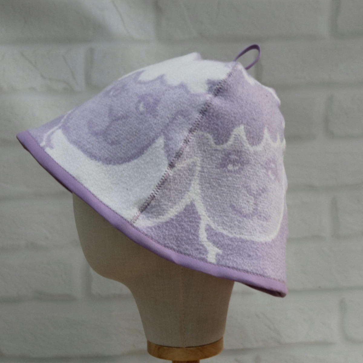 Lavender Sheep Print Wool Sauna Hat, Felted Banya Cap, Upcycled Blanket Protection