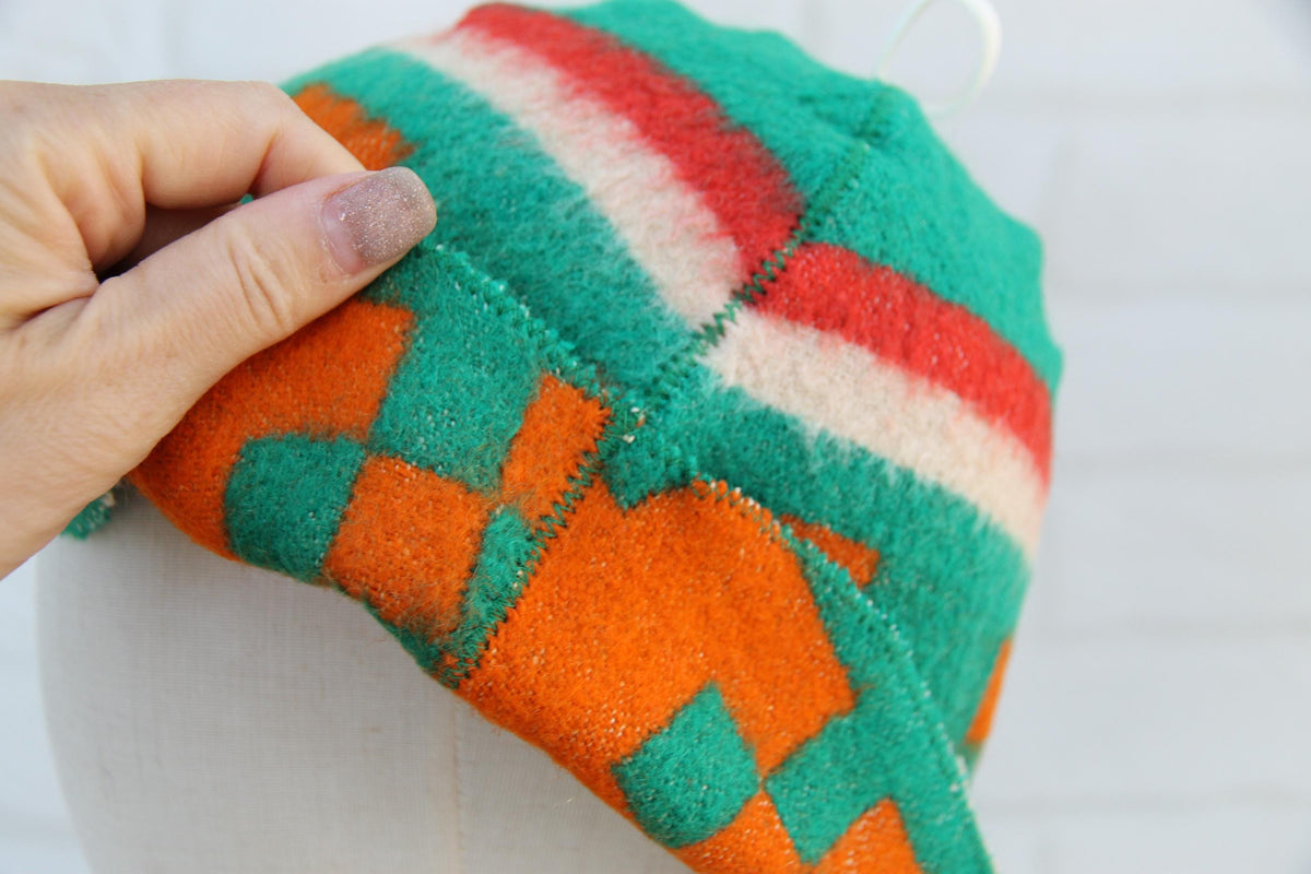 Handmade Upcycled Wool Sauna Hat - Green Orange Geometric Banya Hat