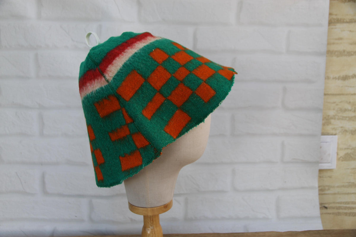 Handmade Upcycled Wool Sauna Hat - Green Orange Geometric Banya Hat