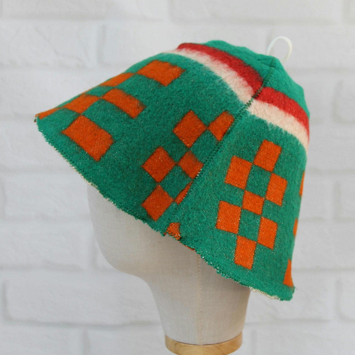 Handmade Upcycled Wool Sauna Hat - Green Orange Geometric Banya Hat
