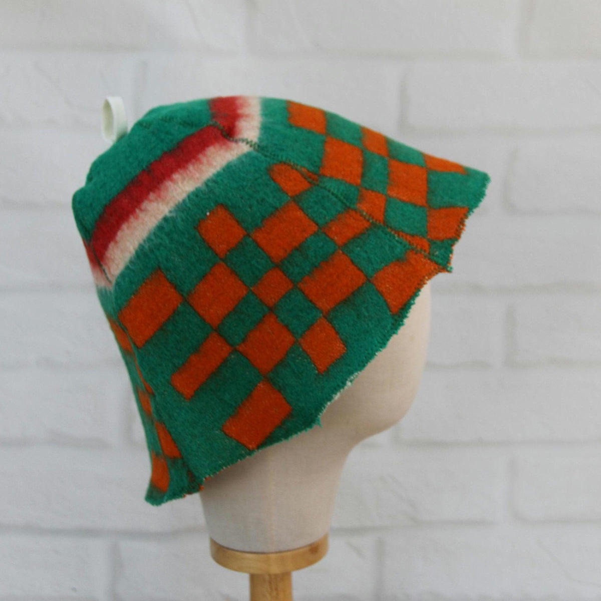 Handmade Upcycled Wool Sauna Hat - Green Orange Geometric Banya Hat