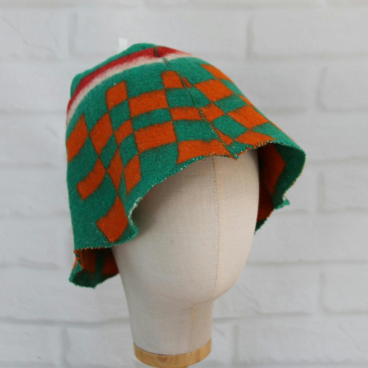 Handmade Upcycled Wool Sauna Hat - Green Orange Geometric Banya Hat