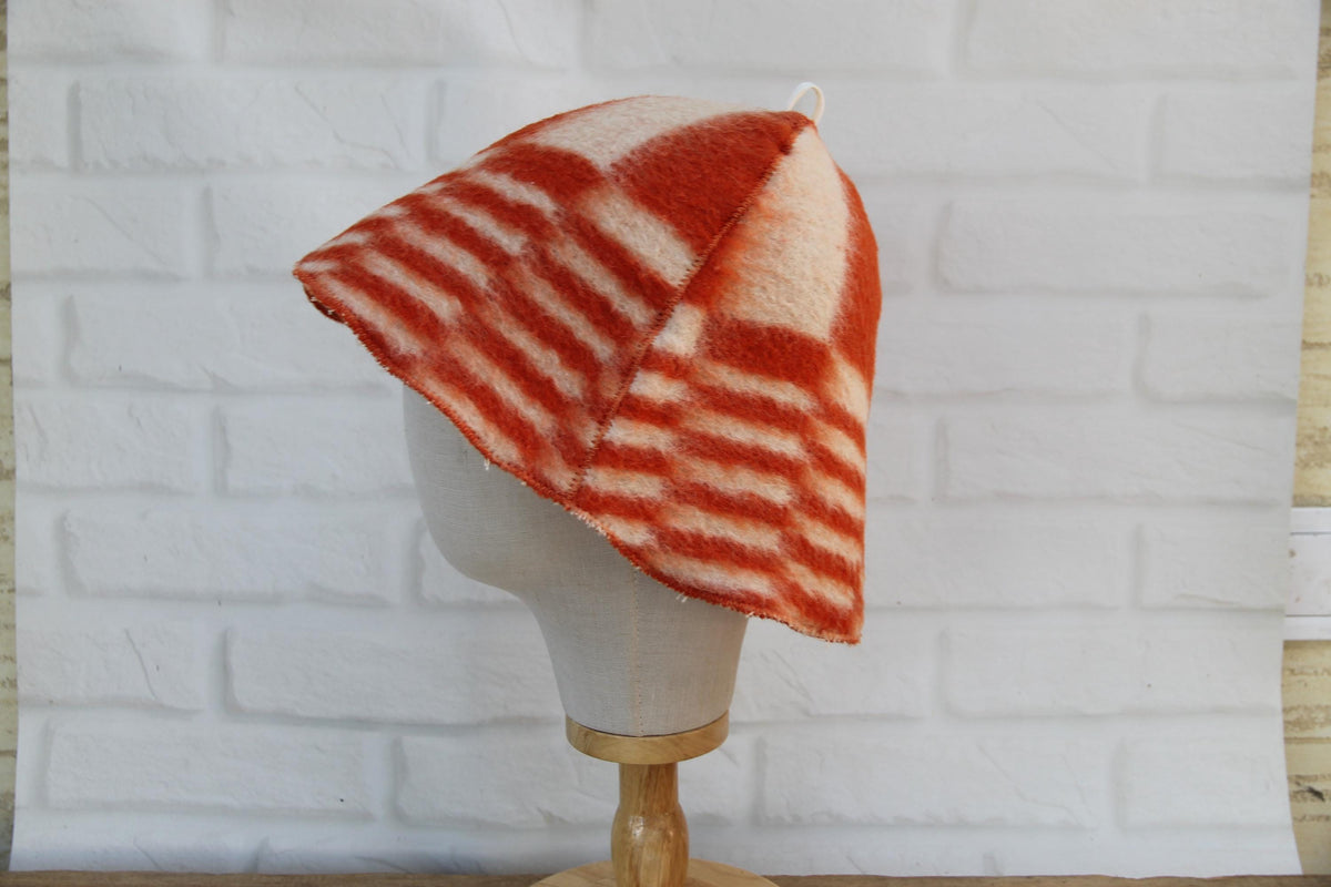 Handmade Upcycled Wool Sauna Hat, Orange White Geometric Banya Cap, Heat Protection Spa Accessory