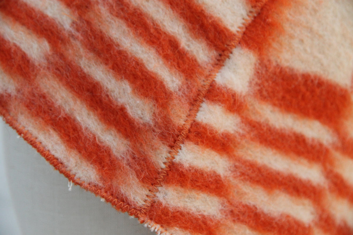 Handmade Upcycled Wool Sauna Hat, Orange White Geometric Banya Cap, Heat Protection Spa Accessory