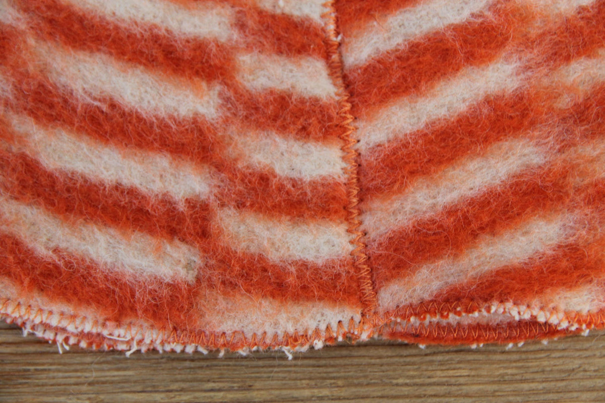 Handmade Upcycled Wool Sauna Hat, Orange White Geometric Banya Cap, Heat Protection Spa Accessory