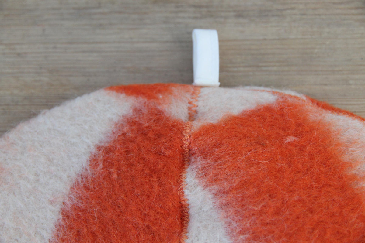 Handmade Upcycled Wool Sauna Hat, Orange White Geometric Banya Cap, Heat Protection Spa Accessory