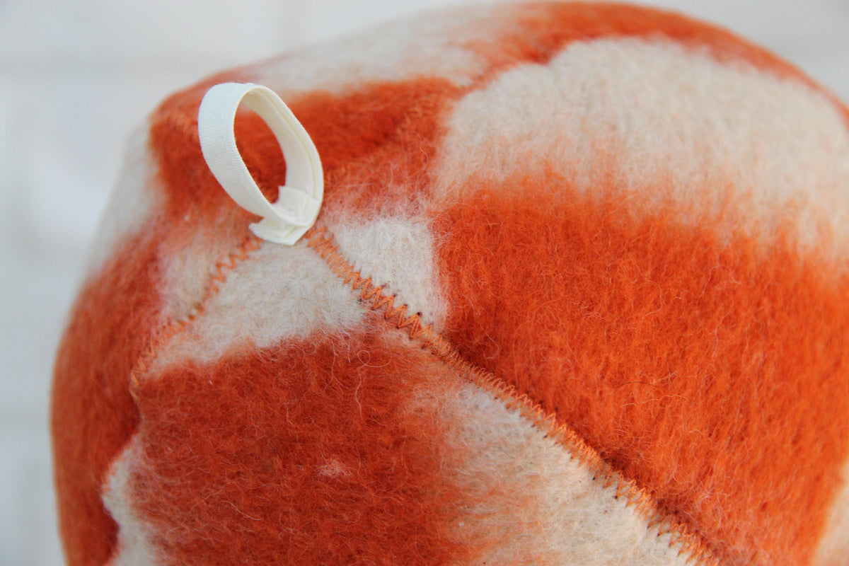 Handmade Upcycled Wool Sauna Hat, Orange White Geometric Banya Cap, Heat Protection Spa Accessory