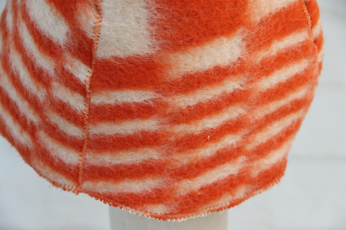 Handmade Upcycled Wool Sauna Hat, Orange White Geometric Banya Cap, Heat Protection Spa Accessory
